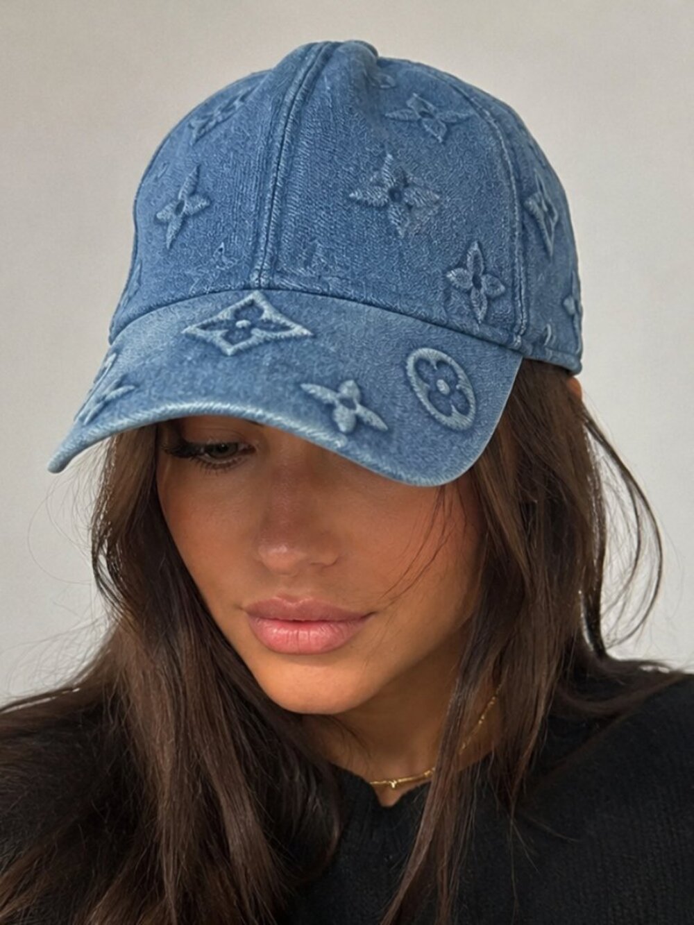 Blue Monogram Embossed Denim Baseball Cap Adjustable Designer Style Hat